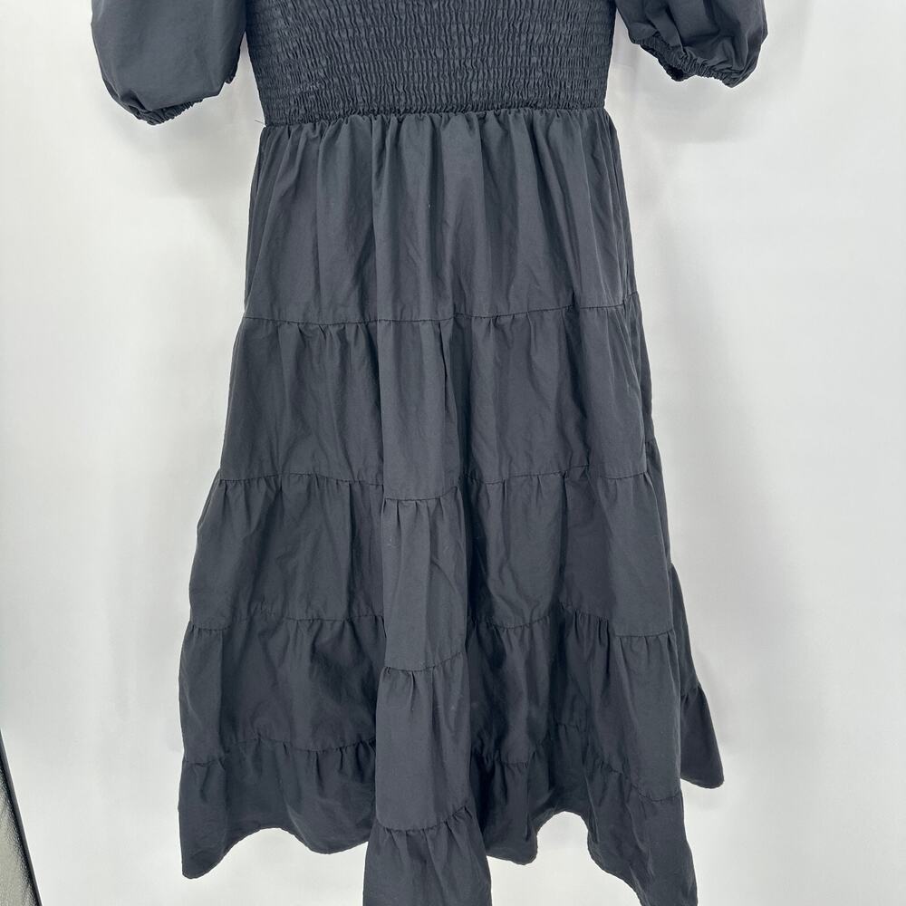 Cottagecore Black Puff Sleeve Midi Dress Medium Smocked Bodice Tiered Romantic - Picture 4 of 9